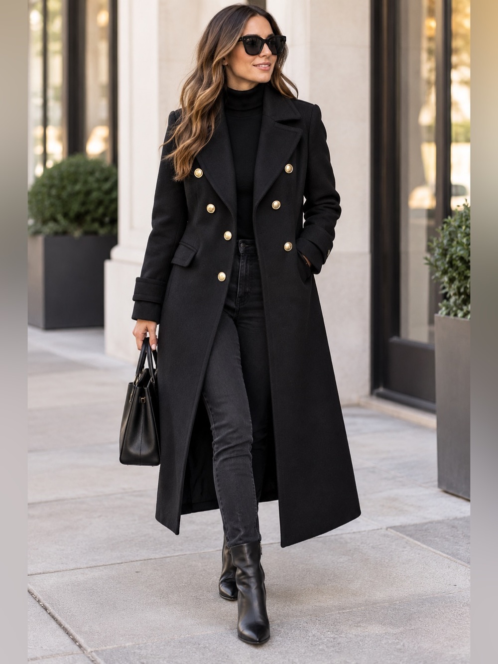 Express Black Long Double-Breasted Pea Coat with Gold Buttons